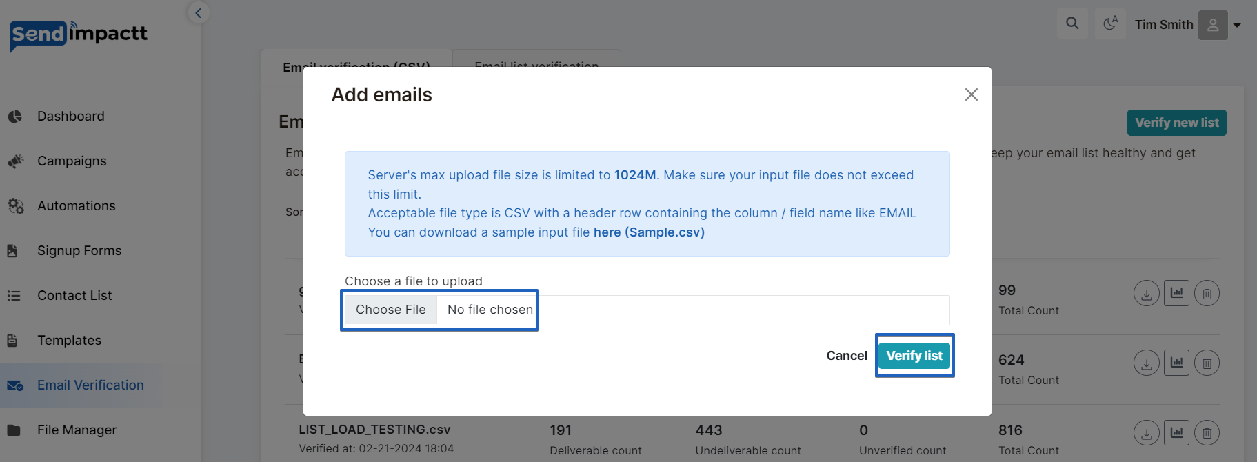 Upload email verification CSV list